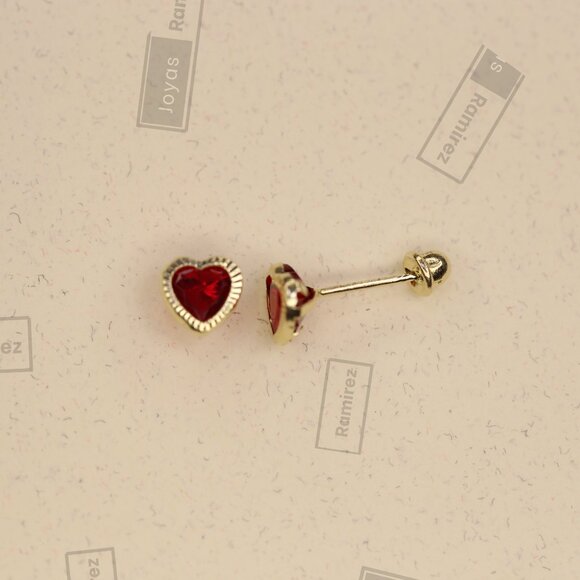 14K Gold Heart Stud Earrings • 5 mm Ruby CZ • July Birthstone Gift. - Picture 2 of 7